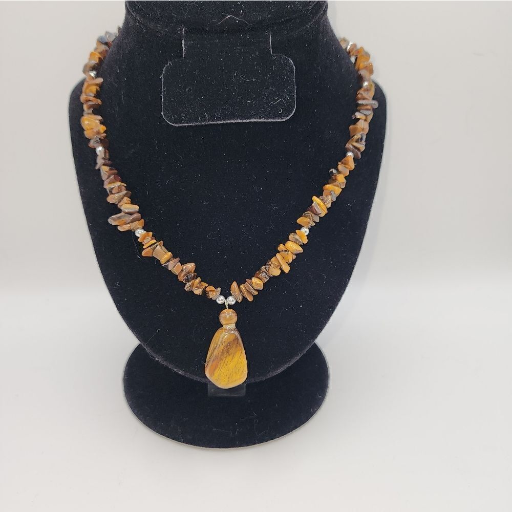 Natural Tiger Eye Stone Necklace Pendant Beaded 16 in Silver Tone Screw Clasp - Picture 3 of 6